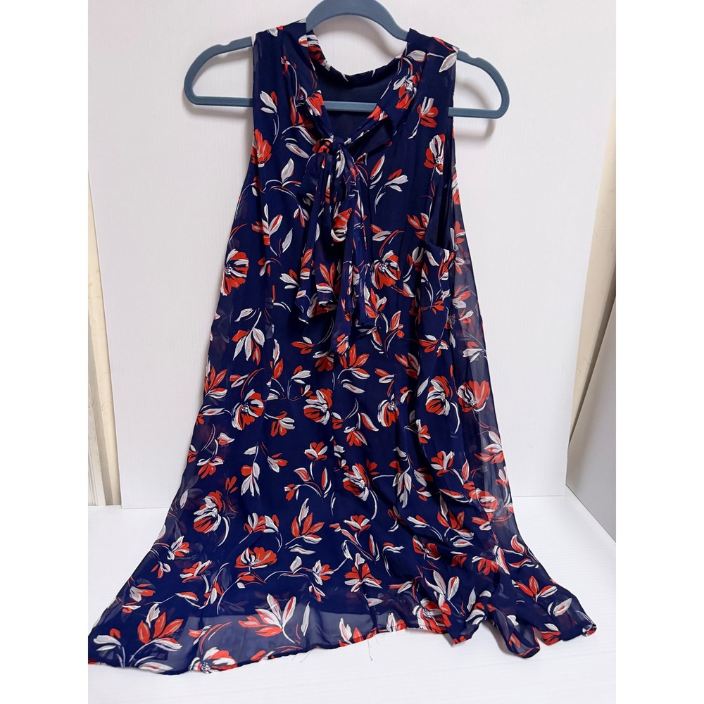Signature by Robbie Bee Navy Floral Tie Neck Sleeveless Trapeze Dress Sz 14